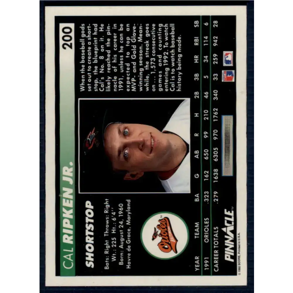 1992 Pinnacle #200 Cal Ripken Jr. EX Baltimore Orioles Baseball Card - Baseball Card Single