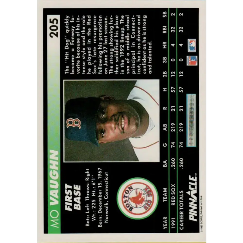 1992 Pinnacle #205 Mo Vaughn EX Boston Red Sox Baseball Card - Baseball Card Single