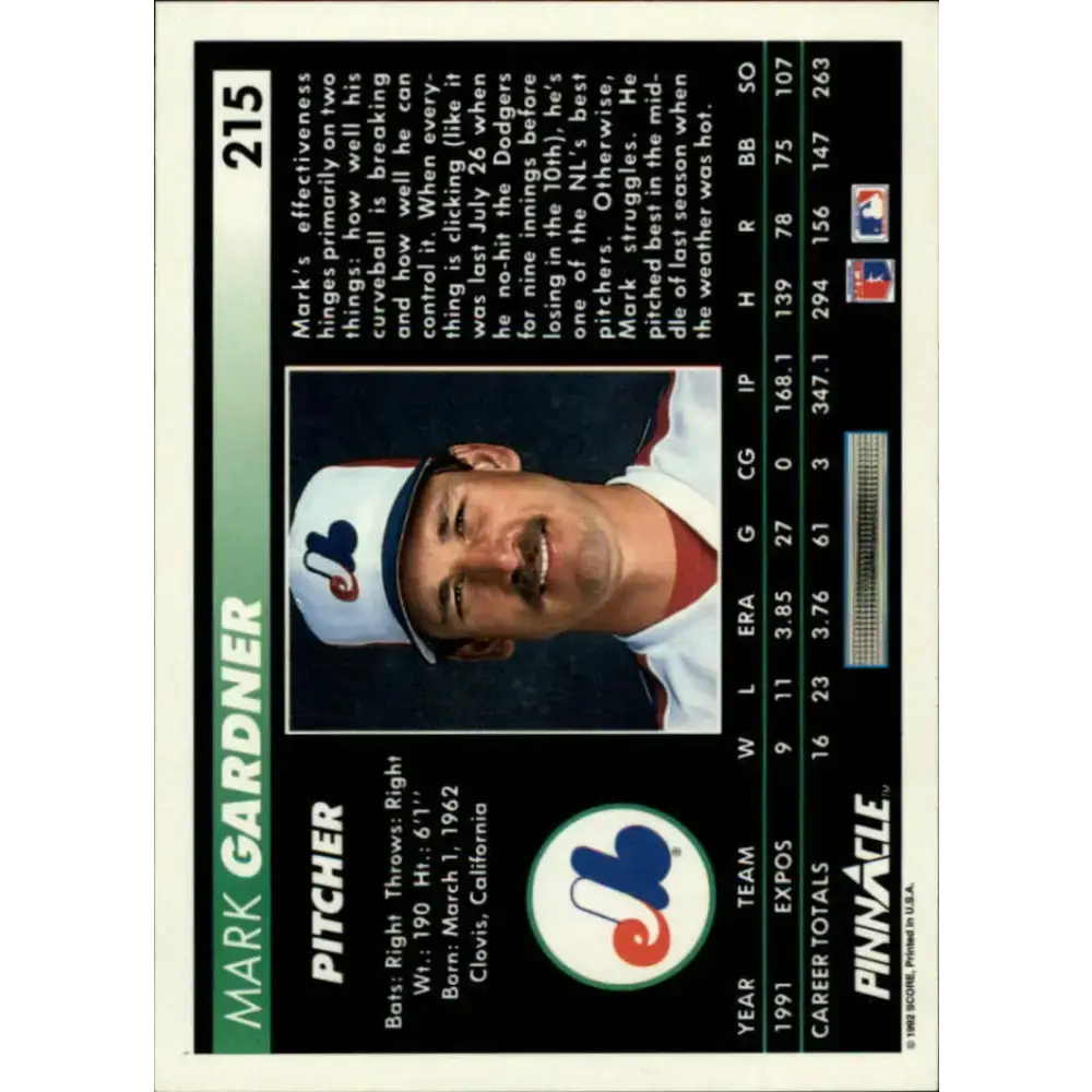1992 Pinnacle #215 Mark Gardner EX Montreal Expos Baseball Card - Baseball Card Single