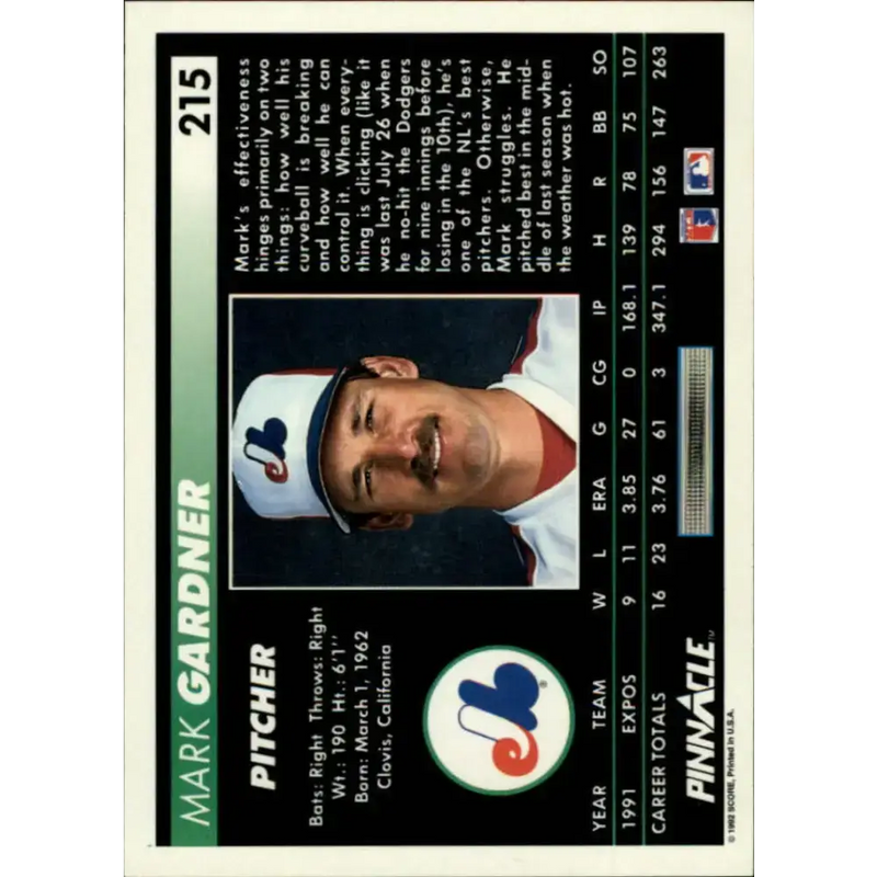 1992 Pinnacle #215 Mark Gardner EX Montreal Expos Baseball Card - Baseball Card Single