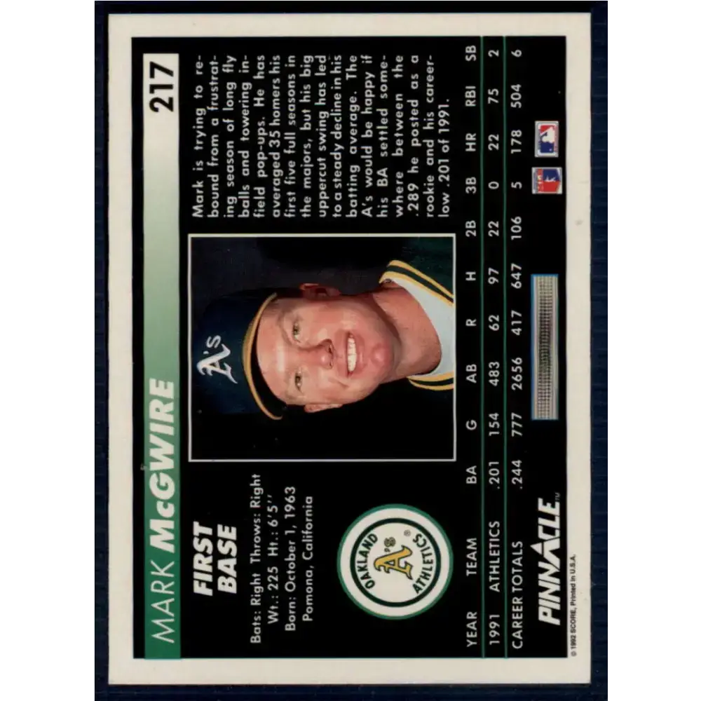 1992 Pinnacle #217 Mark McGwire EX Oakland Athletics Baseball Card - Baseball Card Single