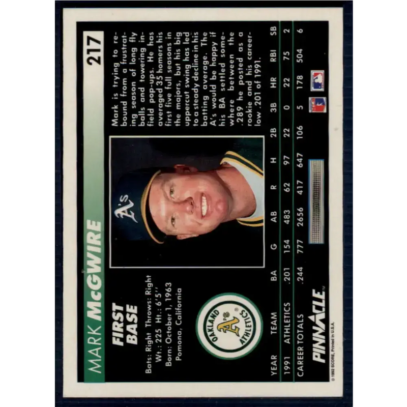 1992 Pinnacle #217 Mark McGwire EX Oakland Athletics Baseball Card - Baseball Card Single