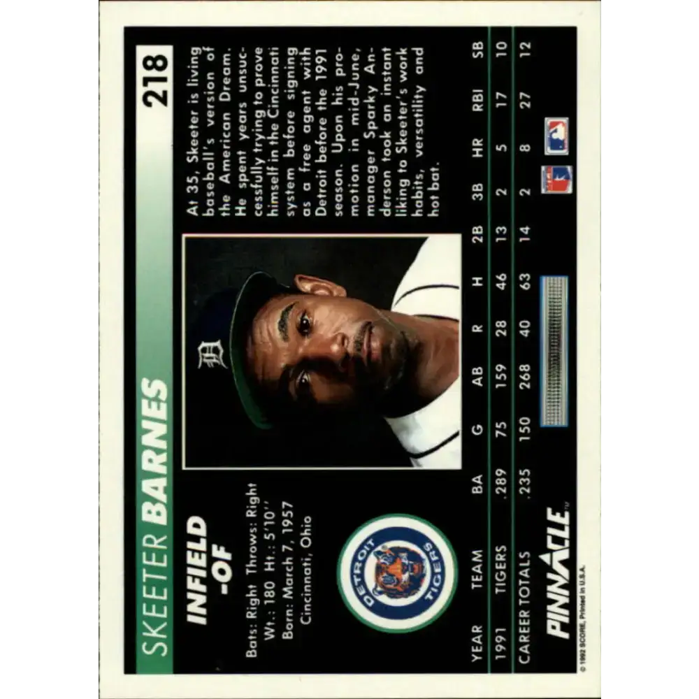 1992 Pinnacle #218 Skeeter Barnes EX Detroit Tigers Baseball Card - Baseball Card Single