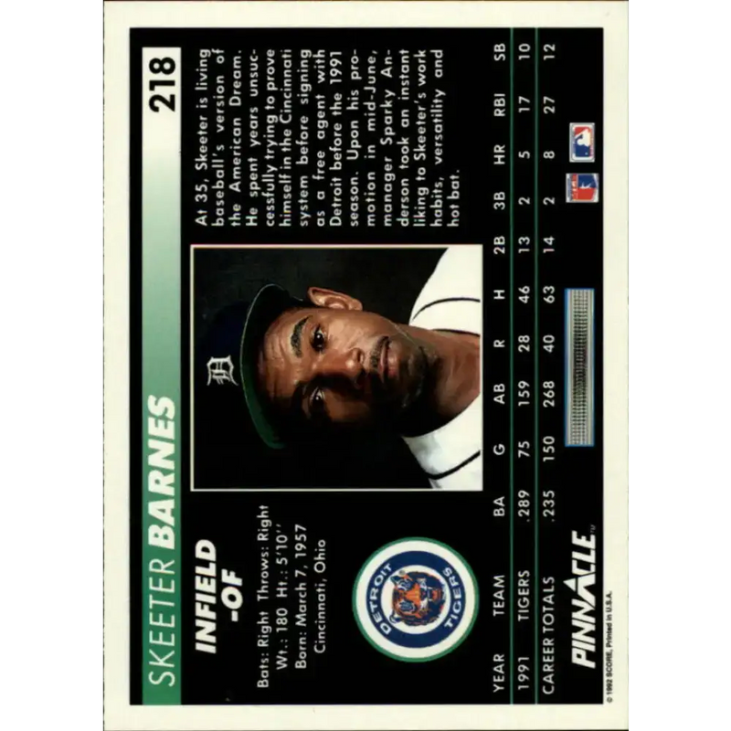 1992 Pinnacle #218 Skeeter Barnes EX Detroit Tigers Baseball Card - Baseball Card Single