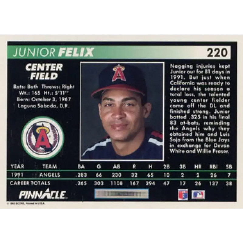 1992 Pinnacle #220 Junior Felix EX California Angels Baseball Card - Baseball Card Single