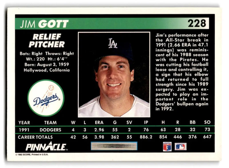 1992 Pinnacle #228 Jim Gott - Baseball Card Single