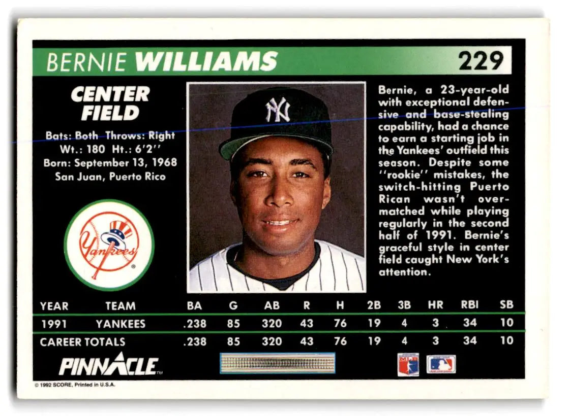 1992 Pinnacle #229 Bernie Williams - Baseball Card Single