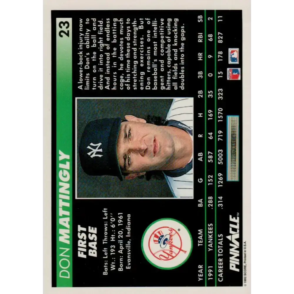 1992 Pinnacle #23 Don Mattingly EX New York Yankees Baseball Card - Baseball Card Single