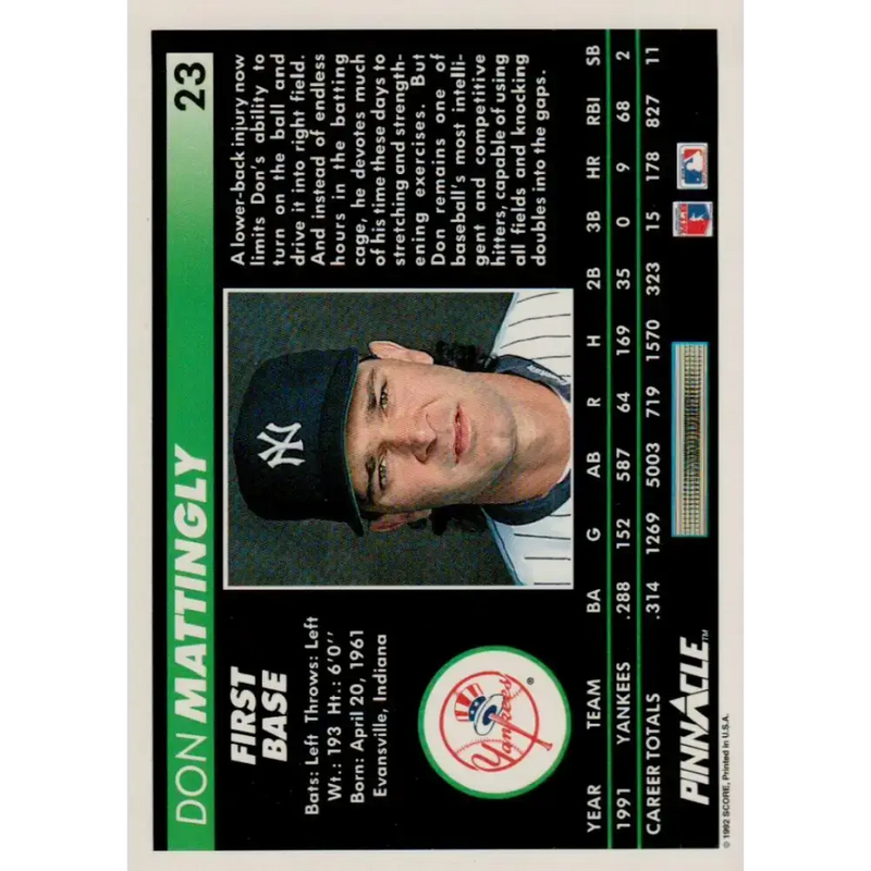 1992 Pinnacle #23 Don Mattingly EX New York Yankees Baseball Card - Baseball Card Single