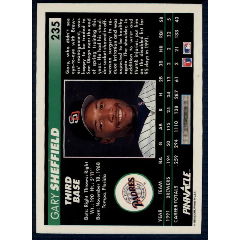 1992 Pinnacle #235 Gary Sheffield EX San Diego Padres Baseball Card - Baseball Card Single