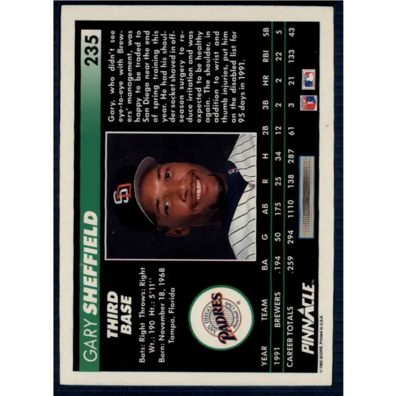 1992 Pinnacle #235 Gary Sheffield EX San Diego Padres Baseball Card - Baseball Card Single
