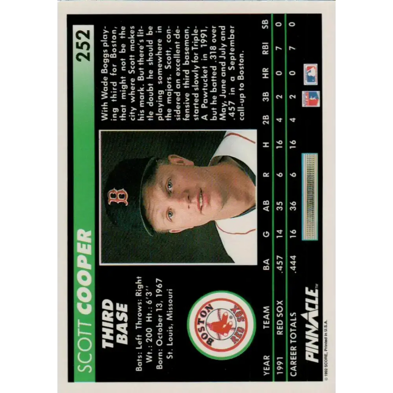1992 Pinnacle #252 Scott Cooper EX Boston Red Sox Baseball Card - Baseball Card Single