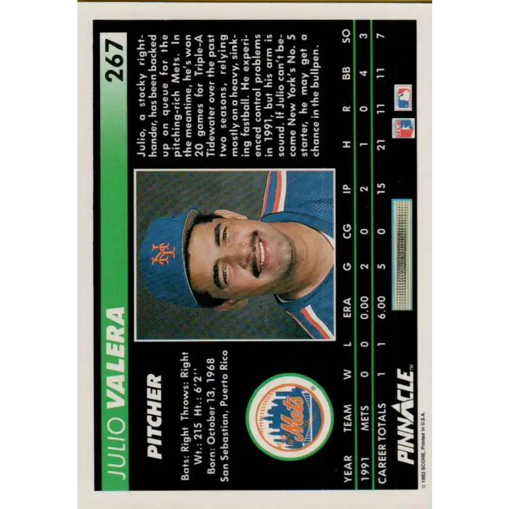 1992 Pinnacle #267 Julio Valera EX New York Mets Baseball Card - Baseball Card Single