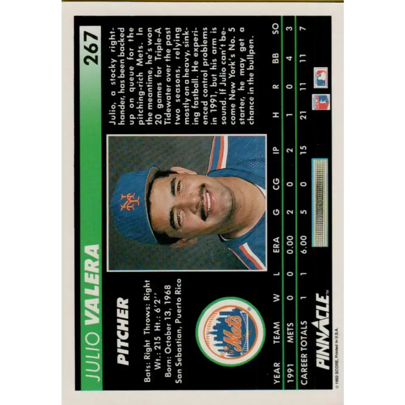 1992 Pinnacle #267 Julio Valera EX New York Mets Baseball Card - Baseball Card Single
