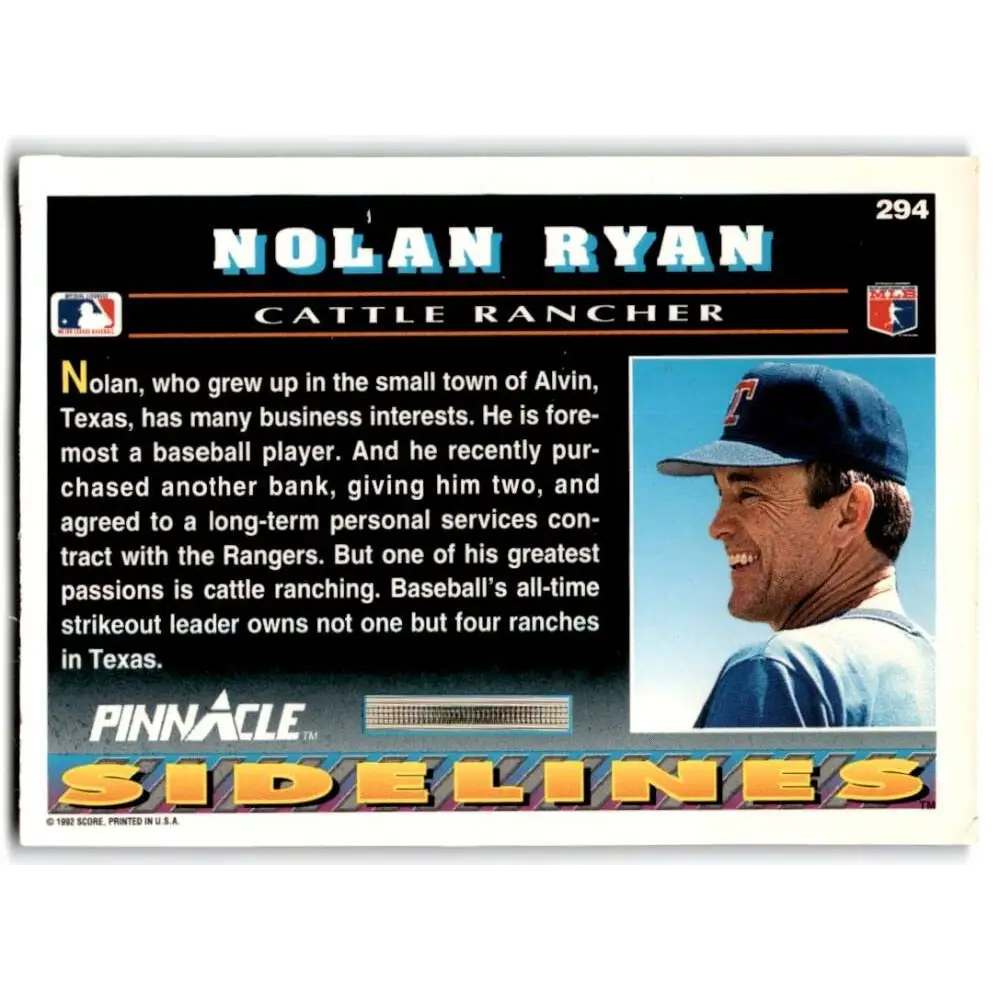 1992 Pinnacle #294 Nolan Ryan EX Texas Rangers Baseball Card Image 2