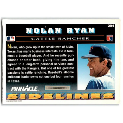 1992 Pinnacle #294 Nolan Ryan EX Texas Rangers Baseball Card Image 2