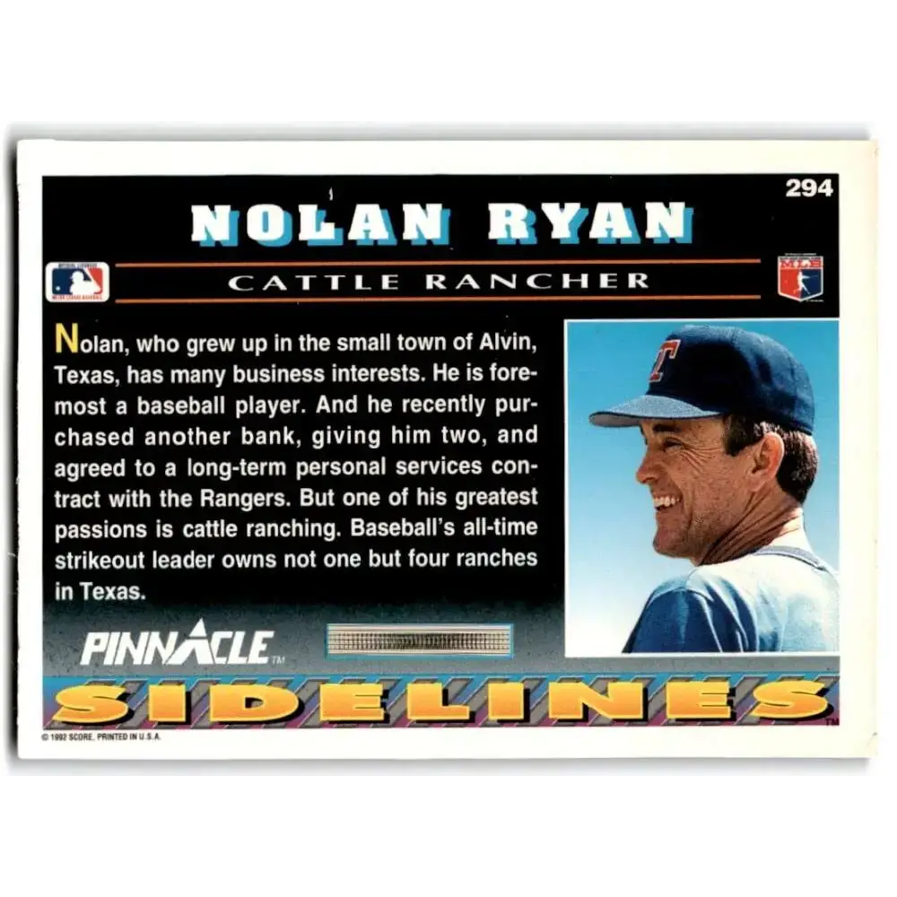 1992 Pinnacle #294 Nolan Ryan EX Texas Rangers Baseball Card - Baseball Card Single