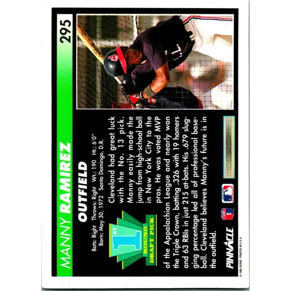1992 Pinnacle #295 Manny Ramirez EX RC Rookie Cleveland Indians Baseball Card - Baseball Card Single
