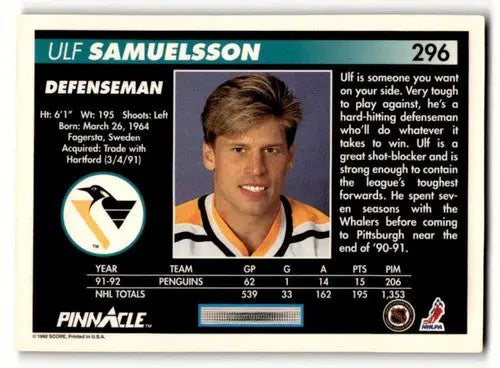 1992 Pinnacle #296 Ulf Samuelsson Penguins Hockey Cards EX/NM ID:57768 - Hockey Card Single