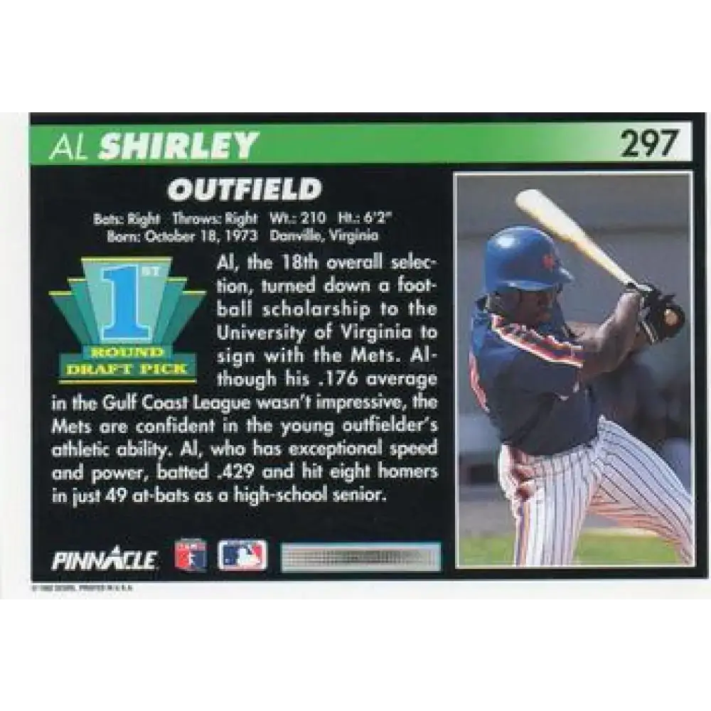 1992 Pinnacle #297 Al Shirley EX RC Rookie New York Mets Baseball Card - Baseball Card Single