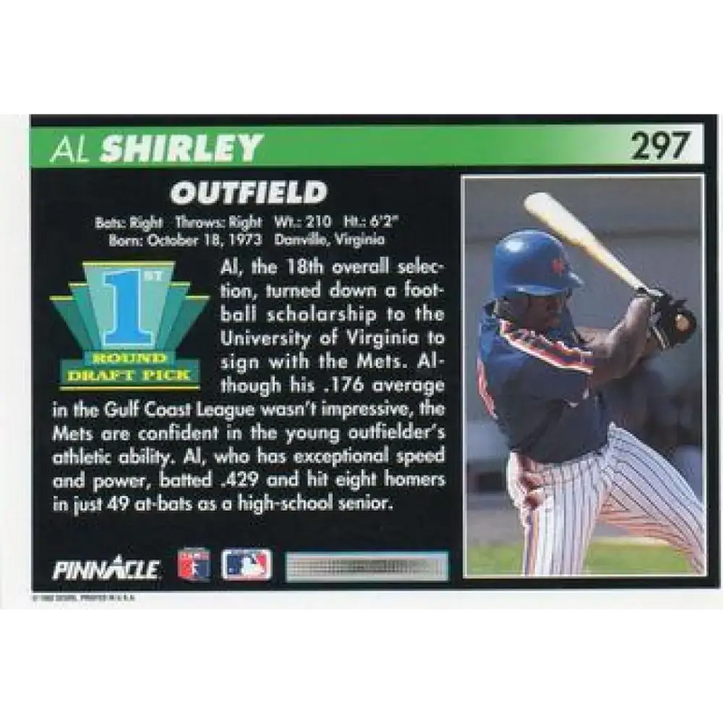 1992 Pinnacle #297 Al Shirley EX RC Rookie New York Mets Baseball Card - Baseball Card Single