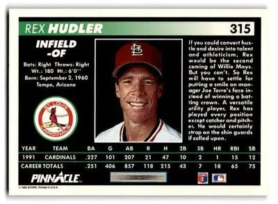 1992 Pinnacle #315 Rex Hudler - Baseball Card Single