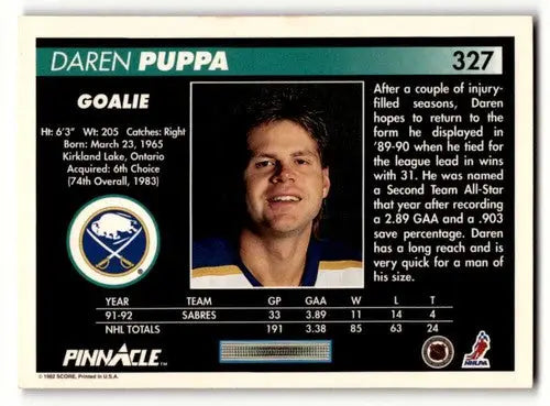 Original gloss Daren Puppa Sabres hockey card from 1992 Pinnacle #327