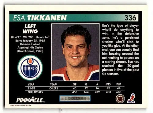 1992 Pinnacle #336 Esa Tikkanen Edmonton Oilers Hockey Cards EX/NM ID:55545 - Hockey Card Single
