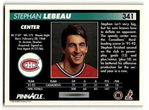 1992 Pinnacle #341 Stephan Lebeau Montreal Canadiens Hockey Cards EX ID:55552 - Hockey Card Single