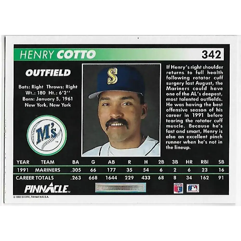1992 Pinnacle #342 Henry Cotto EX Seattle Mariners Baseball Card - Baseball Card Single