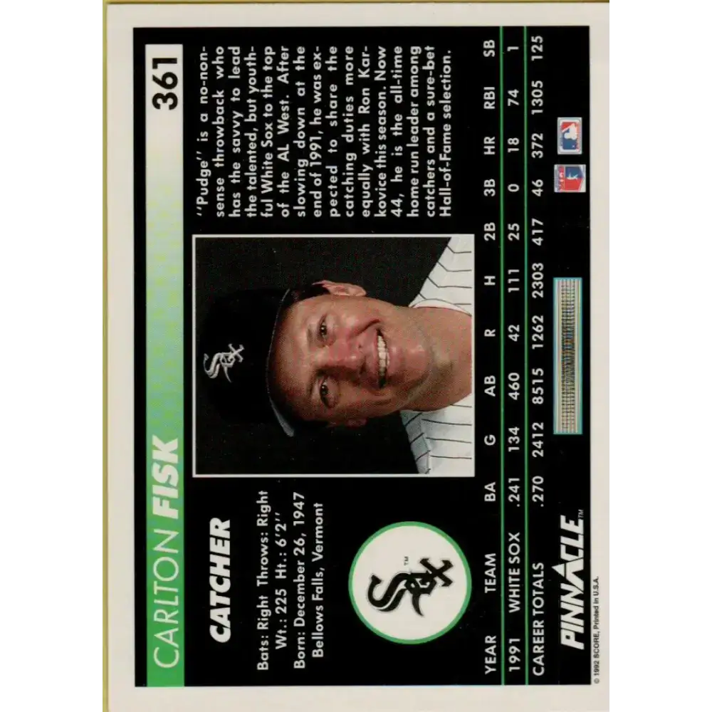 1992 Pinnacle #361 Carlton Fisk EX Chicago White Sox Baseball Card - Baseball Card Single