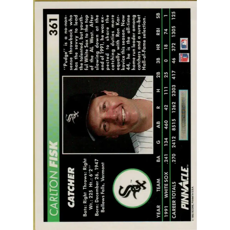 1992 Pinnacle #361 Carlton Fisk EX Chicago White Sox Baseball Card - Baseball Card Single
