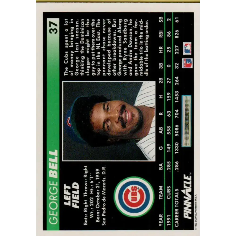 1992 Pinnacle #37 George Bell EX Chicago Cubs Baseball Card - Baseball Card Single