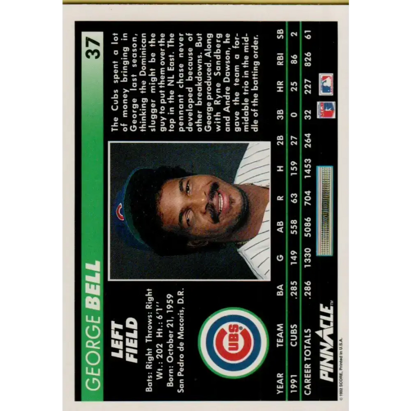 1992 Pinnacle #37 George Bell EX Chicago Cubs Baseball Card - Baseball Card Single