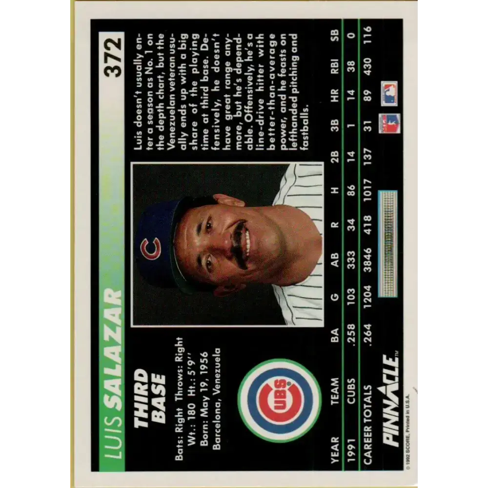 1992 Pinnacle #372 Luis Salazar EX Chicago Cubs Baseball Card - Baseball Card Single