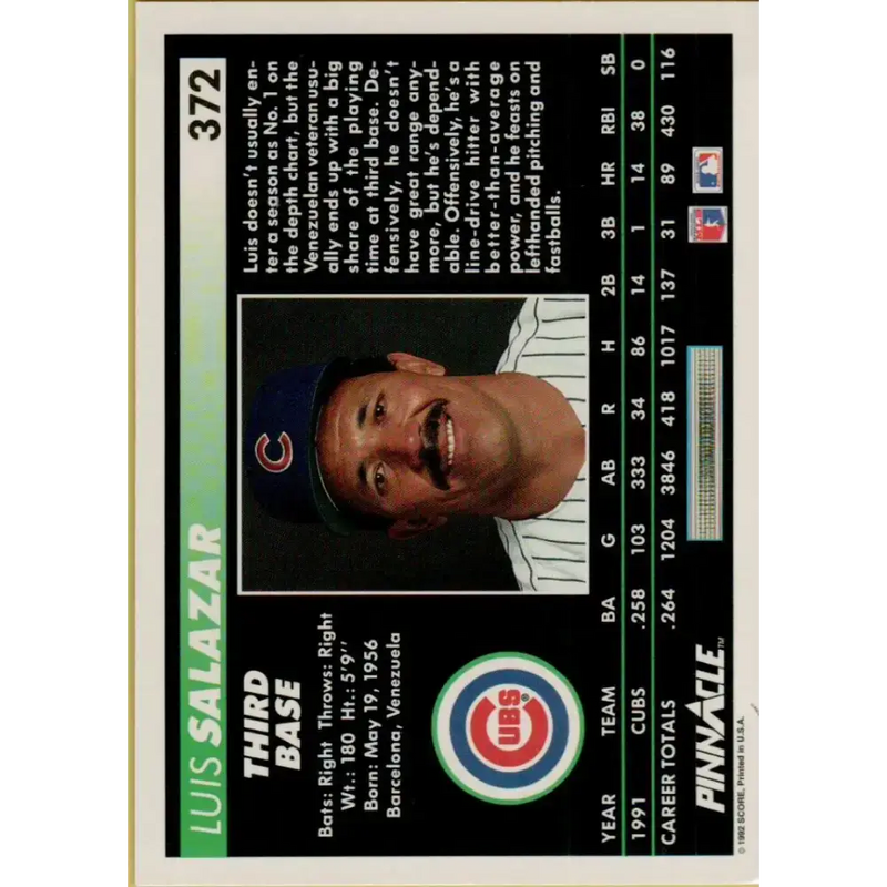 1992 Pinnacle #372 Luis Salazar EX Chicago Cubs Baseball Card - Baseball Card Single