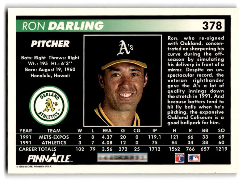 1992 Pinnacle #378 Ron Darling - Baseball Card Single
