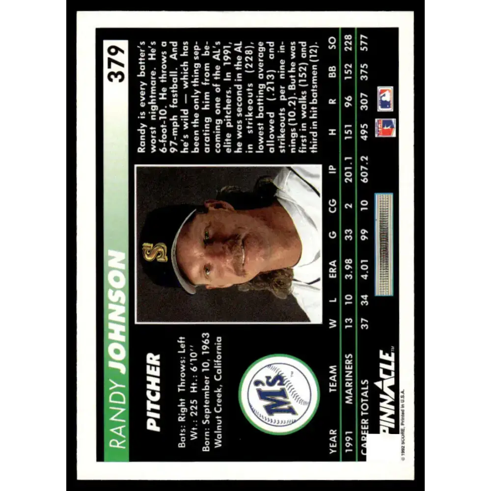1992 Pinnacle #379 Randy Johnson NM-MT Seattle Mariners Baseball Card - Baseball Card Single