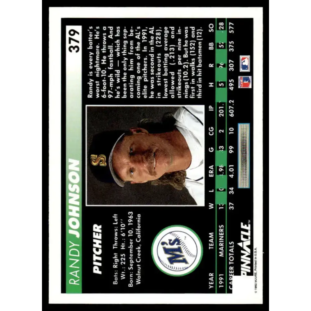 1992 Pinnacle #379 Randy Johnson NM-MT Seattle Mariners Baseball Card - Baseball Card Single