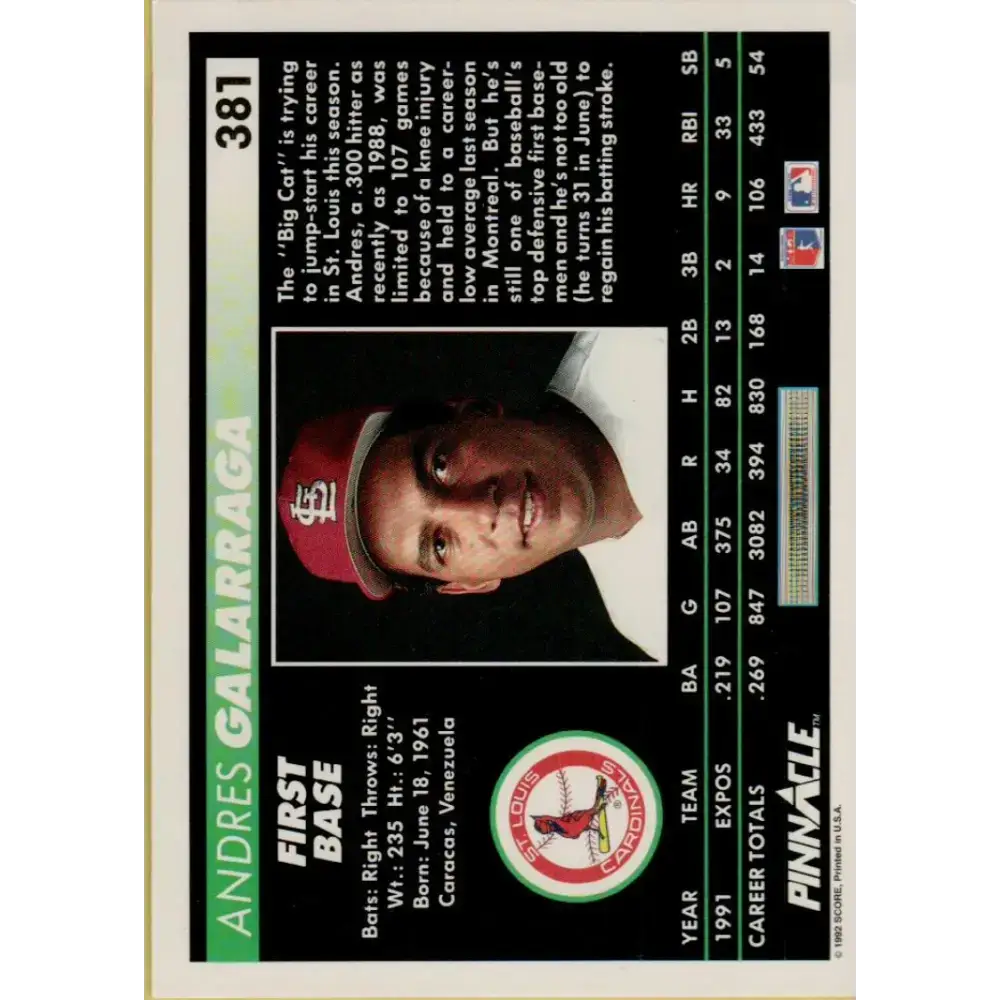 1992 Pinnacle #381 Andres Galarraga EX St. Louis Cardinals Baseball Card - Baseball Card Single