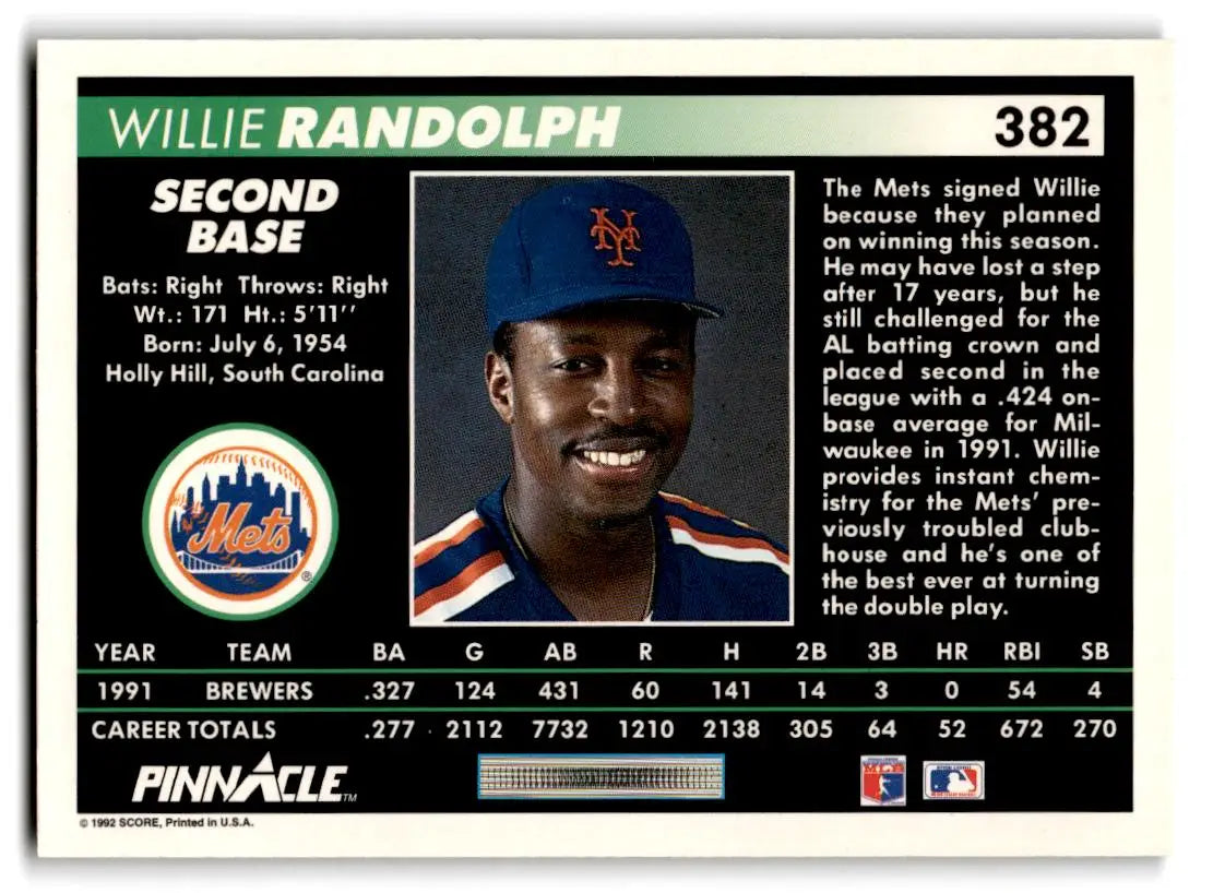 1992 Pinnacle #382 Willie Randolph - Baseball Card Single