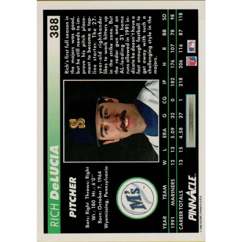 1992 Pinnacle #388 Rich DeLucia EX Seattle Mariners Baseball Card - Baseball Card Single