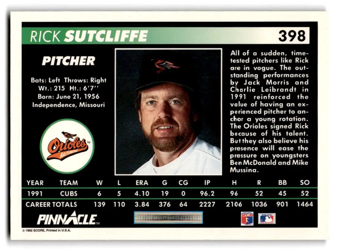 1992 Pinnacle #398 Rick Sutcliffe - Baseball Card Single