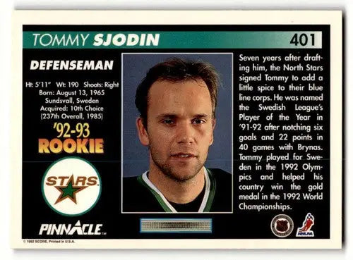 1992 Pinnacle #401 Tommy Sjodin Dallas Stars Hockey Cards EX/NM ID:57761 - Hockey Card Single