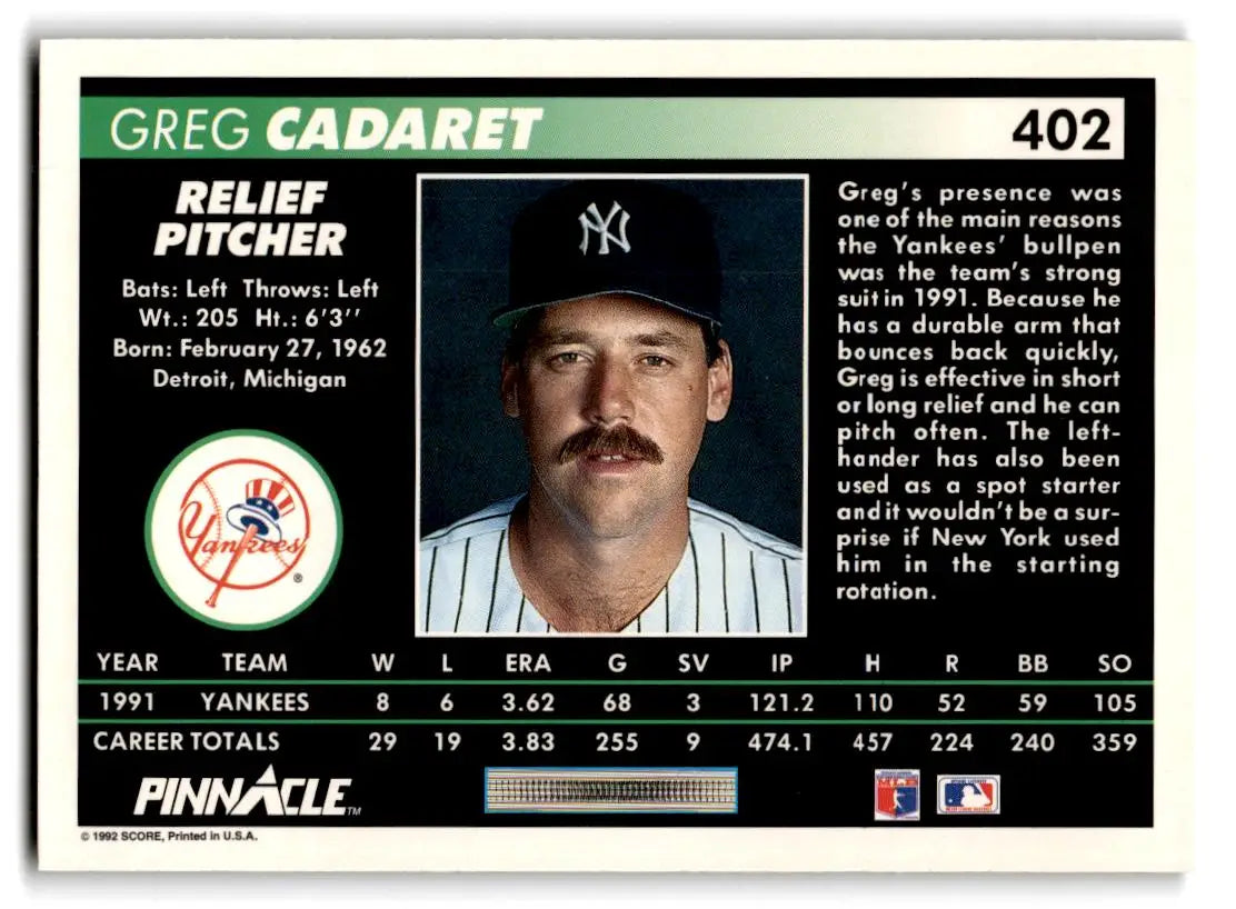 1992 Pinnacle #402 Greg Cadaret - Baseball Card Single