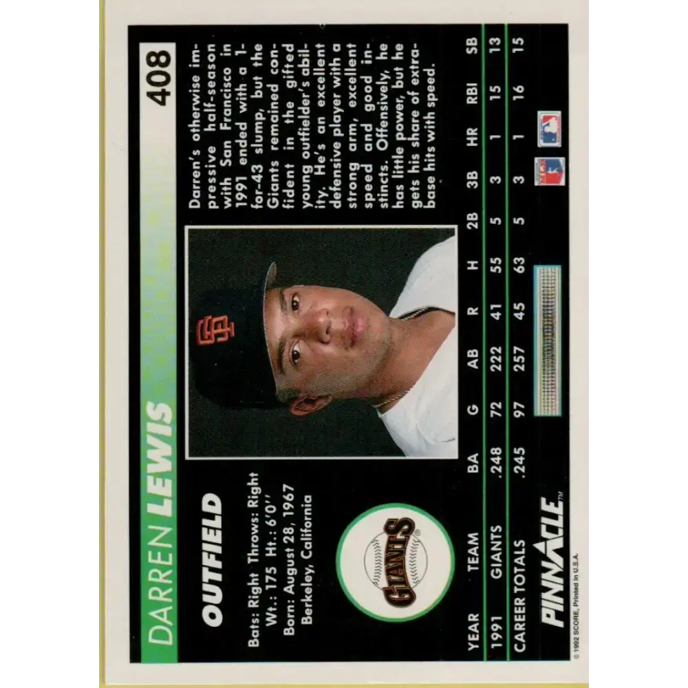 1992 Pinnacle #408 Darren Lewis EX San Francisco Giants Baseball Card - Baseball Card Single