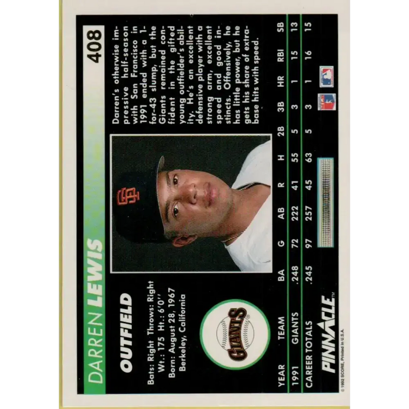 1992 Pinnacle #408 Darren Lewis EX San Francisco Giants Baseball Card - Baseball Card Single