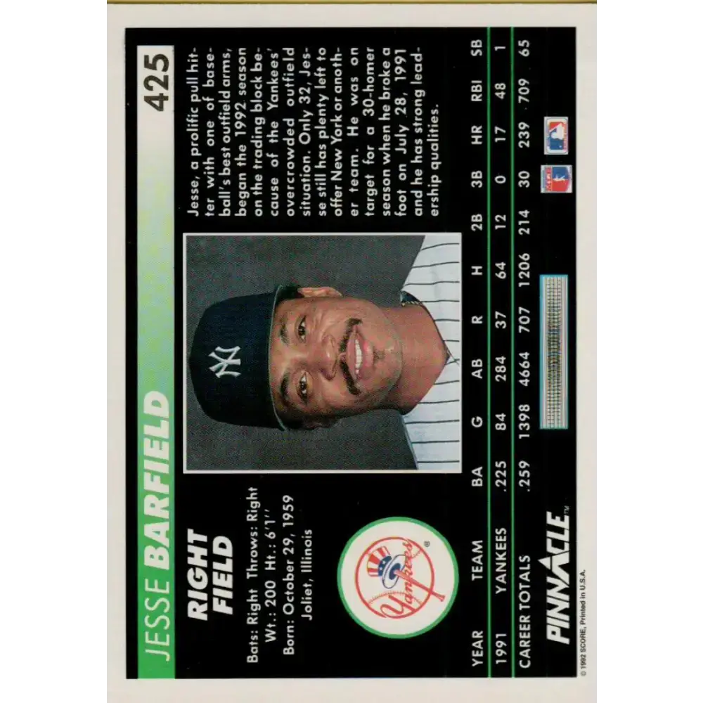 1992 Pinnacle #425 Jesse Barfield EX New York Yankees Baseball Card - Baseball Card Single