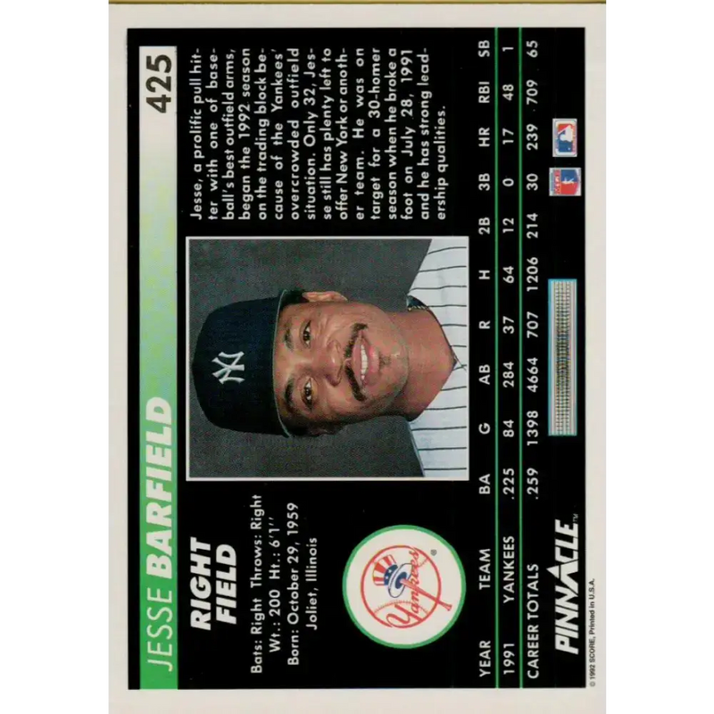 1992 Pinnacle #425 Jesse Barfield EX New York Yankees Baseball Card - Baseball Card Single