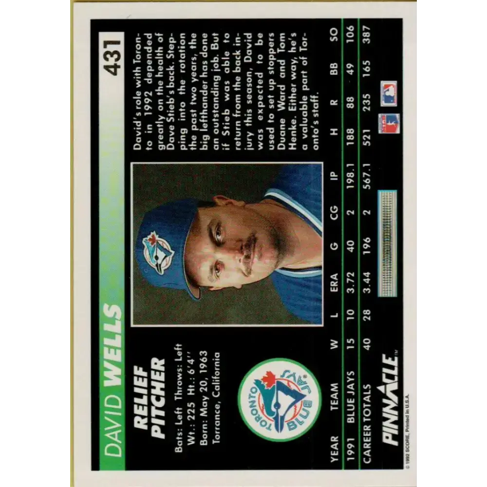 1992 Pinnacle #431 David Wells EX Toronto Blue Jays Baseball Card - Baseball Card Single